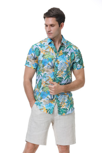 Men's Hawaiian Shirts Short Sleeve Aloha Beach Shirt White Leaf