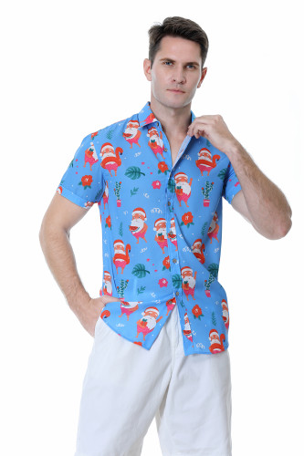 Men's Hawaiian Shirts Short Sleeve Aloha Beach Shirt Blue Santa