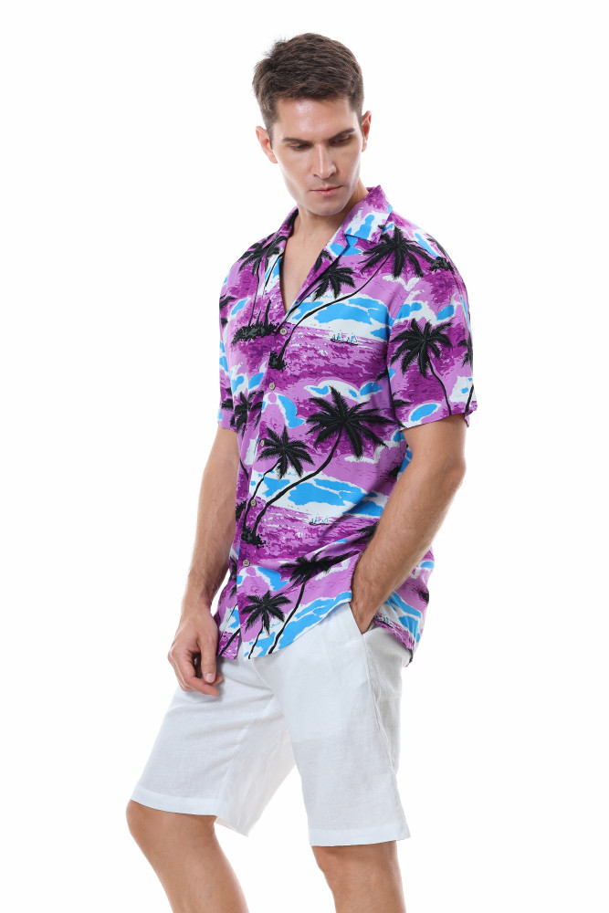 Men's Hawaiian Shirts Short Sleeve Aloha Beach Shirt Purple Coconut