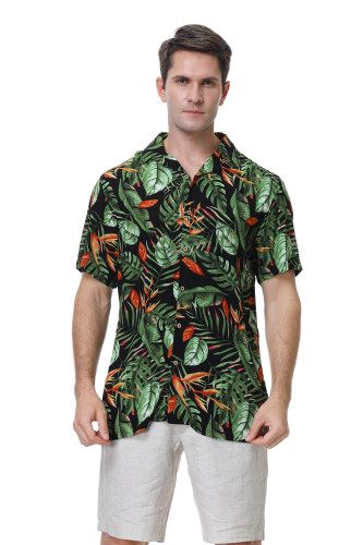 Men's Hawaiian Shirts Short Sleeve Aloha Beach Shirt Black Leaf