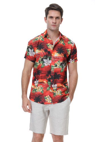 Men's Hawaiian Shirts Short Sleeve Aloha Beach Shirt Red Flower