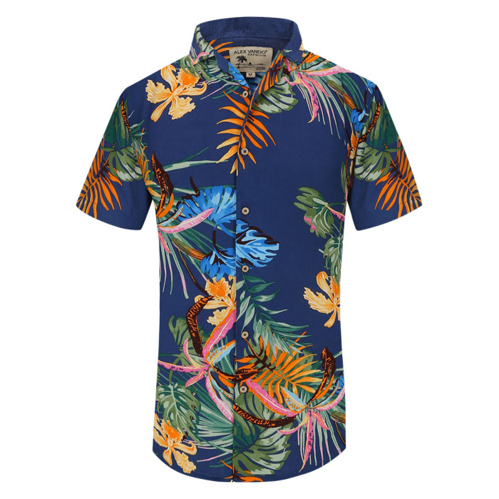 Men's Hawaiian Shirts Short Sleeve Aloha Beach Shirt Navy Leaf 2