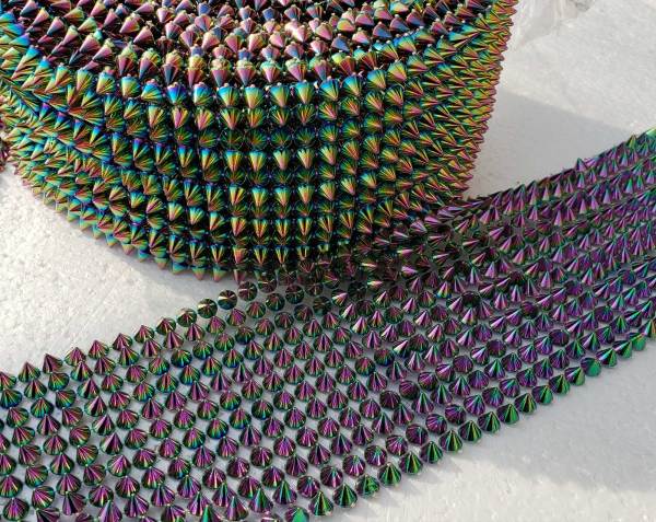 10 Yards Holographic Rainbow Sew Stitch On Spike Stud Cone Flatback Punk Rock Trim mesh Bead Craft ACRYLIC SPIKES SEW ON MESH RIBBON TRIM DECORATE