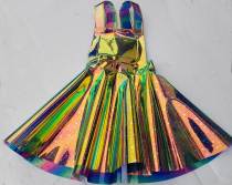 Handmade Custom Plus Size Holographic Vinyl Overall  Dress,Rave Music Festival PVC Plastic Fantastic Dress,Skater Circle Dress,Iridescent Star Apron Dress