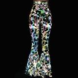 Reflective Butterfly Iridescent Holographic Rainbow High Waist Bell Bottom Flares Leggings Pants Clothing