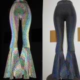 Reflective Iridescent Holographic Rainbow High Waist Bell Bottom Flares Leggings Pants Clothing