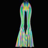 Reflective Iridescent Holographic Rainbow High Waist Bell Bottom Flares Leggings Pants Clothing