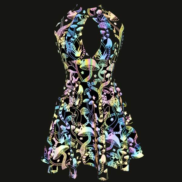 Custom Plus Size Rainbow Reflective Mushroom Open Bust Skater Dress,Reflective Clothing,Circle Dress,Festival Dress,Sexy Skater Dress,Party Dress