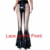 Handmade Plus Size Clothing Rainbow Holographic Black PVC Vinyl High Waisted Corset Lace Up Flare Bell Bottom Pants Gothic Rave Leggings