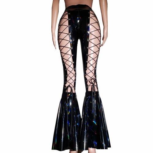 Bound To Me Black Laser Stretch PVC Lace-Up Flared Pant – Rave