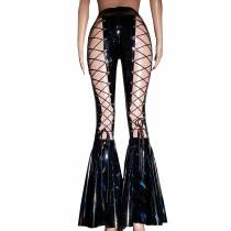 Handmade Plus Size Clothing Rainbow Holographic Black PVC Vinyl High Waisted Corset Lace Up Flare Bell Bottom Pants Gothic Rave Leggings