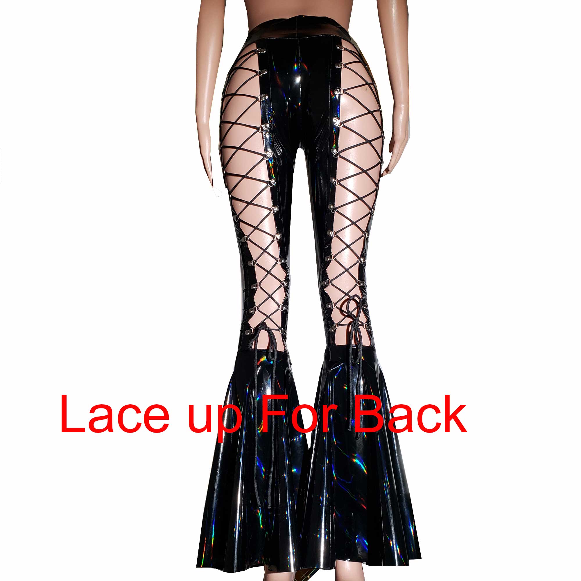 US$ 85.00 - Handmade Plus Size Clothing Rainbow Holographic Black PVC Vinyl  High Waisted Corset Lace Up Flare Bell Bottom Pants Gothic Rave Leggings -  m.