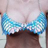 Handmade Burning Man Rave Holographic Blue Scalemail armour Crop Top Scalemaille Bra Top