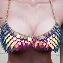 Handmade Burning Man Rave Holographic  Iridescent Scalemail armour Crop Top Scalemaille Bra Top
