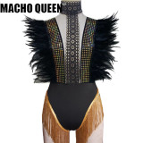 Drag Queen Burning Man Costumes Feather Sexy Black Lace Bodysuit Women Festival Rave Stage Event Party Outfits