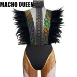 Drag Queen Burning Man Costumes Feather Sexy Black Lace Bodysuit Women Festival Rave Stage Event Party Outfits