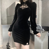Gothic Clothing Retro Sexy Black Velvet Mini Dress  Long Sleeve Dresses Women