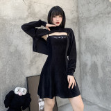 Black Goth Corduroy Two Piece Set Women Clothing  Gothic Dresses Ladies Sundresses With Long Sleeve Tops