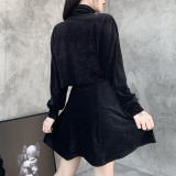 Black Goth Corduroy Two Piece Set Women Clothing  Gothic Dresses Ladies Sundresses With Long Sleeve Tops
