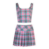 Gothic Punk Plaid Women Sexy Skirt Matching Sets Gothic Pink Zip Up Bodycon Cropped Tops Grunge Harajuku Low Rise Skirts