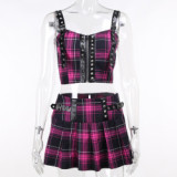 Gothic Punk Plaid Women Sexy Skirt Matching Sets Gothic Pink Zip Up Bodycon Cropped Tops Grunge Harajuku Low Rise Skirts