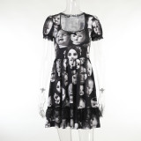 Halloween Contrast Color Short Sleeve Gothic Skull Ladies Dress Casual Dresses For Women