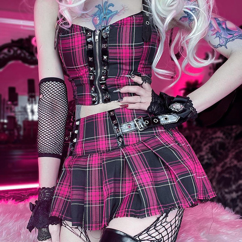 Goth Dark Punk Plaid Women Sexy Skirt Matching Sets Gothic Pink