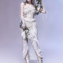 White Lace Gothic Bridal Costume 3 pieces Sets Dress