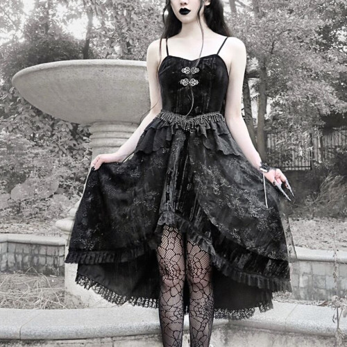 Women's Gothic Dress Lace Velvet Dress Black Lace Goth Vintage