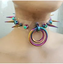 gothic rainbow spike heart choker holographic  O ring choker