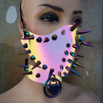 Gothic Rainbow Reflective Spike Mask Heart Choker Holographic O Ring Collar