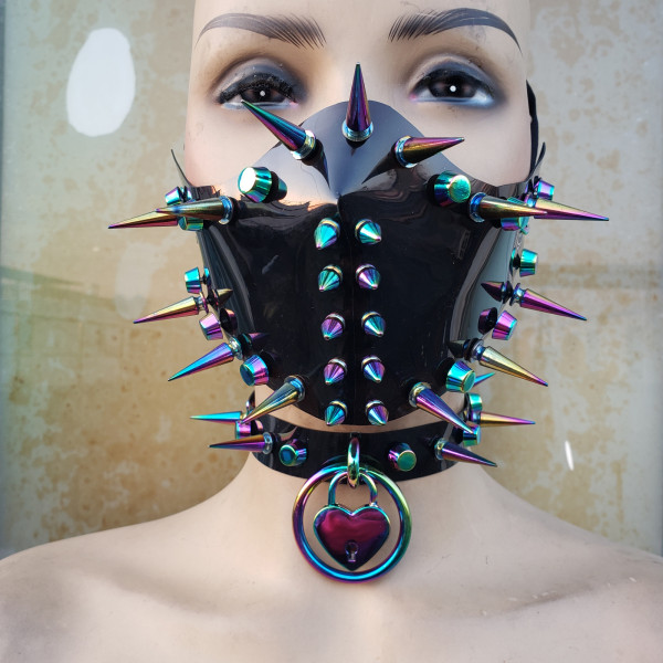 Gothic Black Vinyl Spike Mask  Rave Choker Holographic O Ring Heart Collar