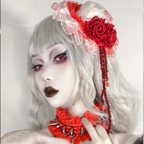 Handmade Red gothic Hat headpiece Accessories Red Lace Spike Cross Choker