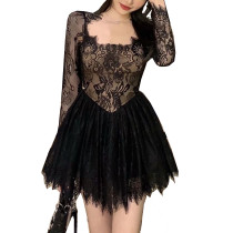 Sexy Gothic Lace Long Sleeve Dress Women Vintage Aesthetic Dark  Lace Trim Party Dress