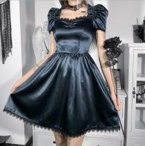 Women  Gothic Satin Puff Sleeves Dresses Lace Trim Square Neck Short Flared Skater Dress