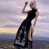 Gothic Tribal Print Turtleneck Side Slits Sleeveless Dress