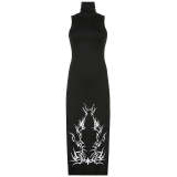 Gothic Tribal Print Turtleneck Side Slits Sleeveless Dress