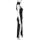 Gothic Tribal Print Turtleneck Side Slits Sleeveless Dress