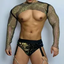 Sexy Rhinestones Net Circuit Party Tops Men Pole Dance Costume Nightclub  Rave Clothing Singer Dancer Stage Outfit