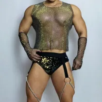 Sexy Rhinestones Net Two Piece Sets Circuit Party Tops Men Pole Dance Costume Nightclub  Rave Clothing Singer Dancer Stage Outfit