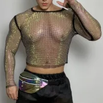 Sexy Rhinestones Net Circuit Party Tops Men Pole Dance Costume Nightclub  Rave Clothing Singer Dancer Stage Outfit