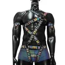 Holographic Rainbow Love Elastic Men Harness Sets,Gay outfit, LGBT pride, gay pride, men body harness, gay Harness, gay clubwear. Circuit Party Harness