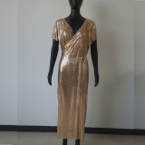 Sexy Gold Metal Chainmail Prom Dress Gown Long Dress