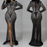 Sexy See Through Mesh Rhinestone Event Party Prom Long Dresses Celebrity Red Carpet Runway Stage, Drag Queen Costumes