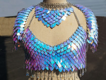 Handmade Holographic Iridescent Scalemail Chainmail Harness Shoulder Pauldrons Pieces with Choker   Scalemaille Armor Halloween Mermaid Costumes