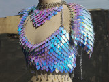 Handmade Holographic Iridescent Scalemail Chainmail Harness Shoulder Pauldrons Pieces with Choker   Scalemaille Armor Halloween Mermaid Costumes