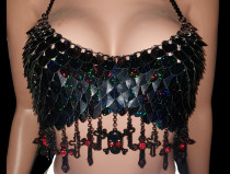 Handmade Burning Man Rave Black Glitter Scalemail armour Crop Top Gothic Scalemaille Bra Top