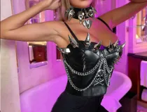 Plus Size Gothic Spiked PU Leather Bustier Corset,Halloween Costumes,Women Faux Leather Punk  Heavy Metal Corset,Women Faux Leather Corset