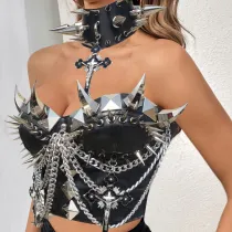 Plus Size Heavy Metal Punk Rock Gothic Spiked PU Leather Bustier Corset,Halloween Costumes,Women Faux Leather Corset,Women Faux Leather Corset