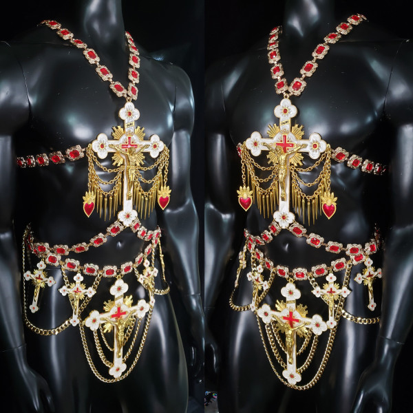 Luxury Vintage Giant Crucifix Cross Men Chest Harness,Gay Outfit, LGBT Pride, Body Harness ,Carnival Burning Man Costumes,Circuit Party Outfits